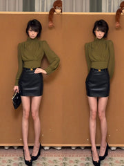 Women's Sophisticated Green High-Neck Chiffon Blouse & Bodycon Leather Skirt Set