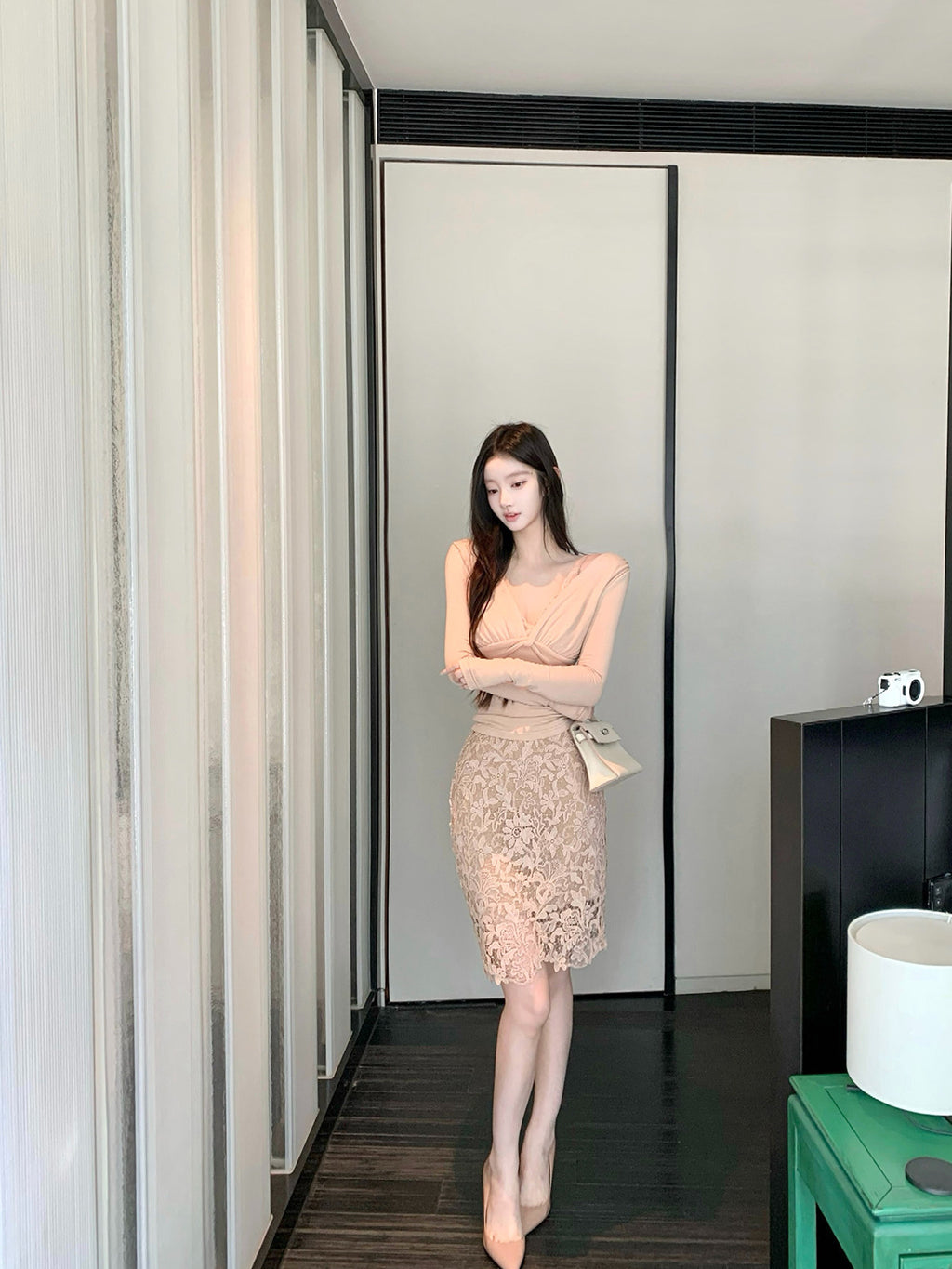 Lace Bodycon Skirt Two-Piece Set with Faux Top Layer