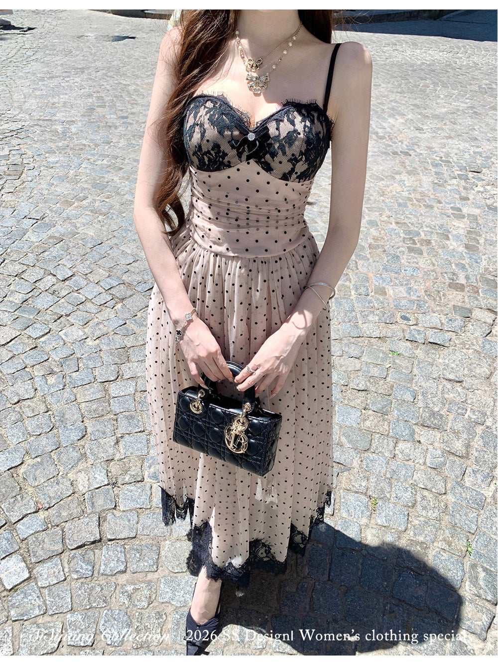Women's Elegant Polka Dot Spaghetti Strap Dress with Fitted Waist
