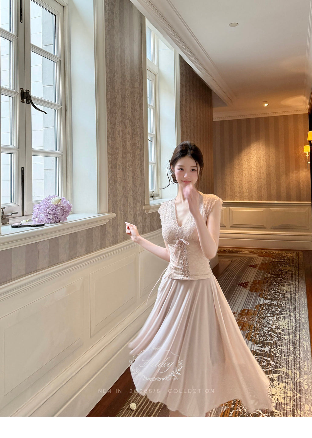 Lace Tie Top / Irregular Hem Skirt Elegant Set