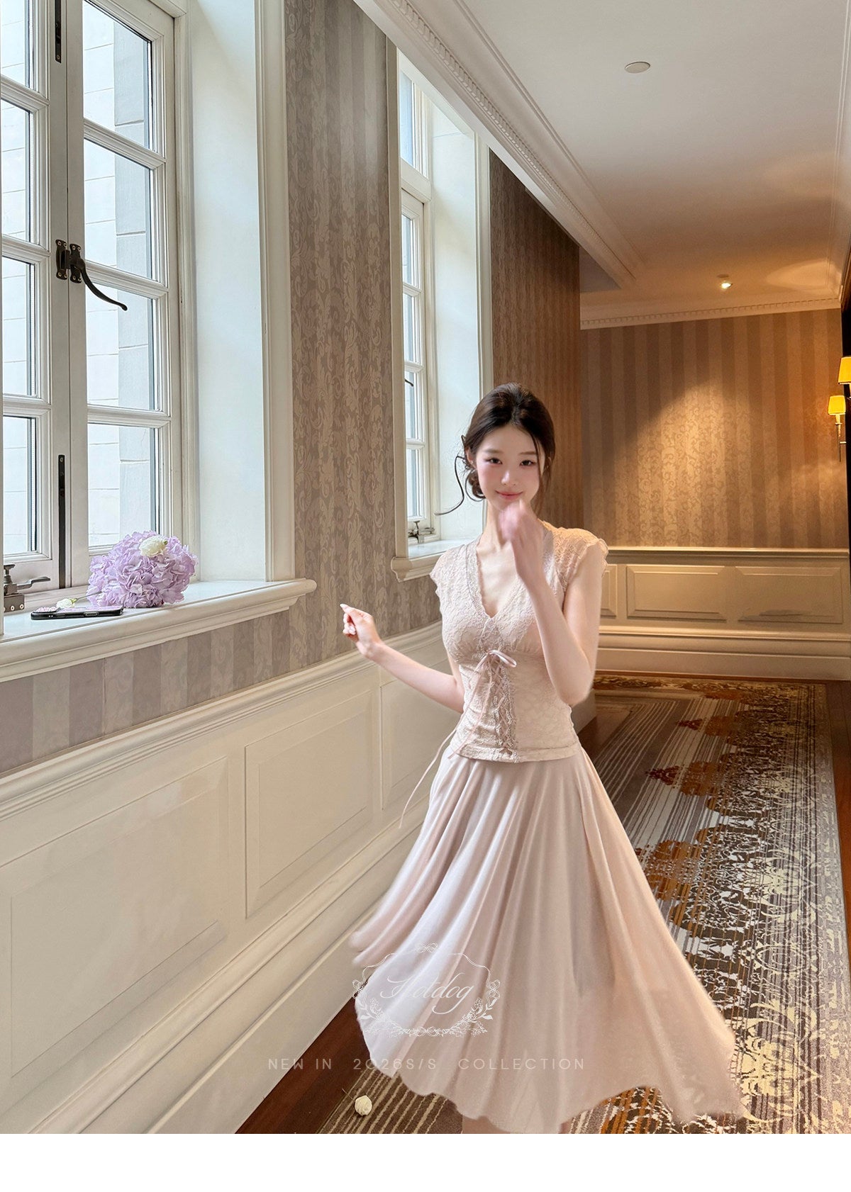 Lace Tie Top / Irregular Hem Skirt Elegant Set