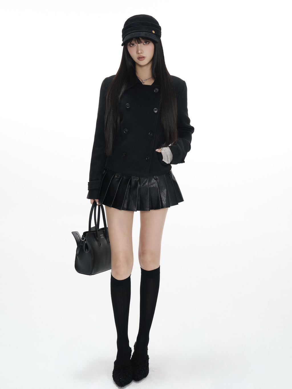 Square Shoulder Black Wool Blend Coat