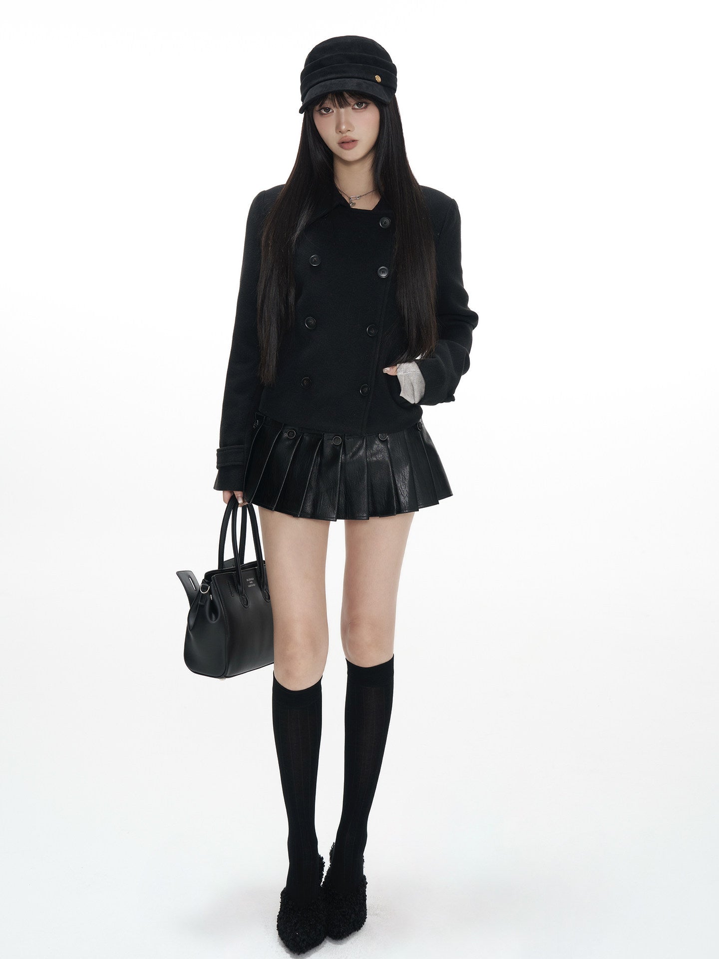 Square Shoulder Black Wool Blend Coat