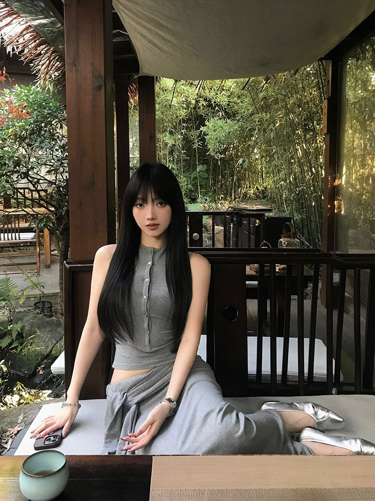 Grey tank top and long bodycon skirt co-ord set