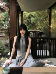 Grey tank top and long bodycon skirt co-ord set