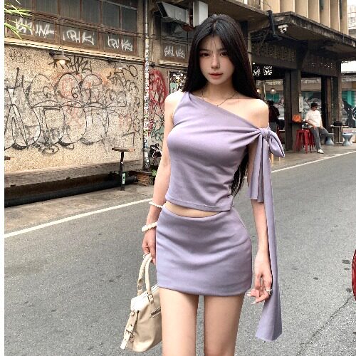 Off-Shoulder Top & Purple Mini Skirt Set