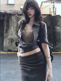 Premium Grey Mid-Sleeve Cropped Shirt + Lace Camisole + Shirt Midi Skirt