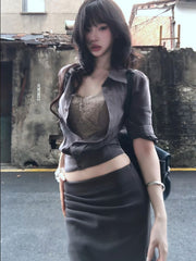 Premium Grey Mid-Sleeve Cropped Shirt + Lace Camisole + Shirt Midi Skirt