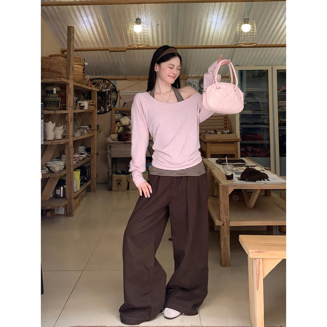 Pink Off-Shoulder Blouse Long Sleeve T-Shirt + Vest Two-Piece Set for Women