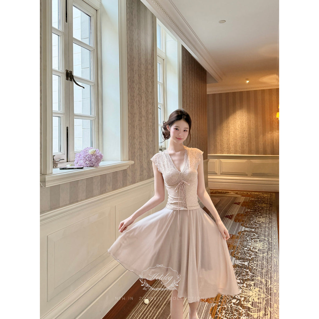 Lace Tie Top / Irregular Hem Skirt Elegant Set