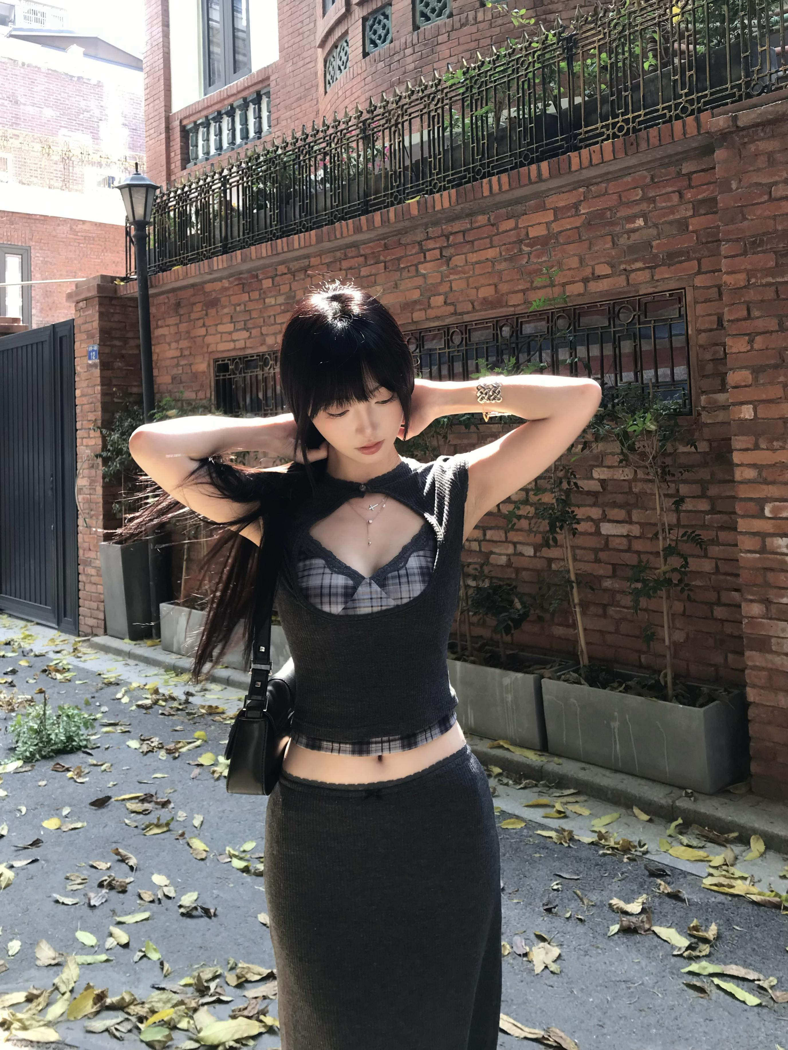 Cutout top + plaid cami