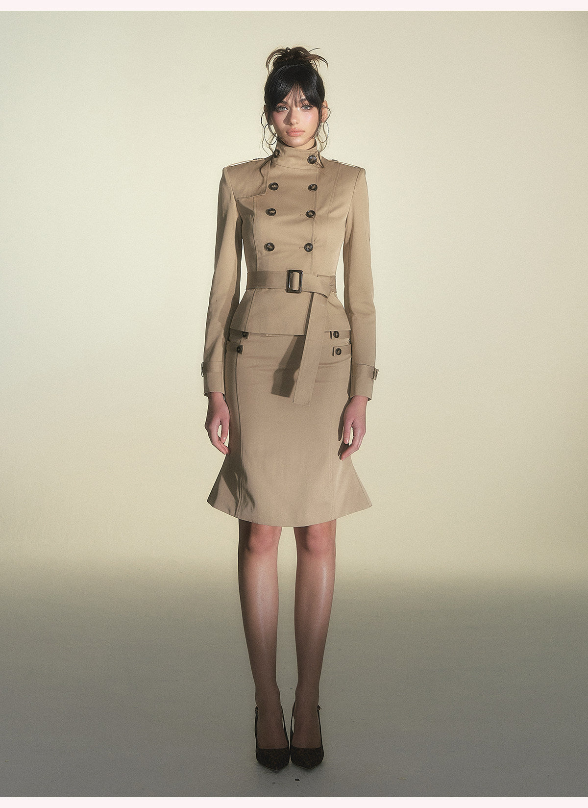 Square-Shoulder Double-Breasted Belted Trench Coat & Bodycon Fishtail Midi Skirt Set