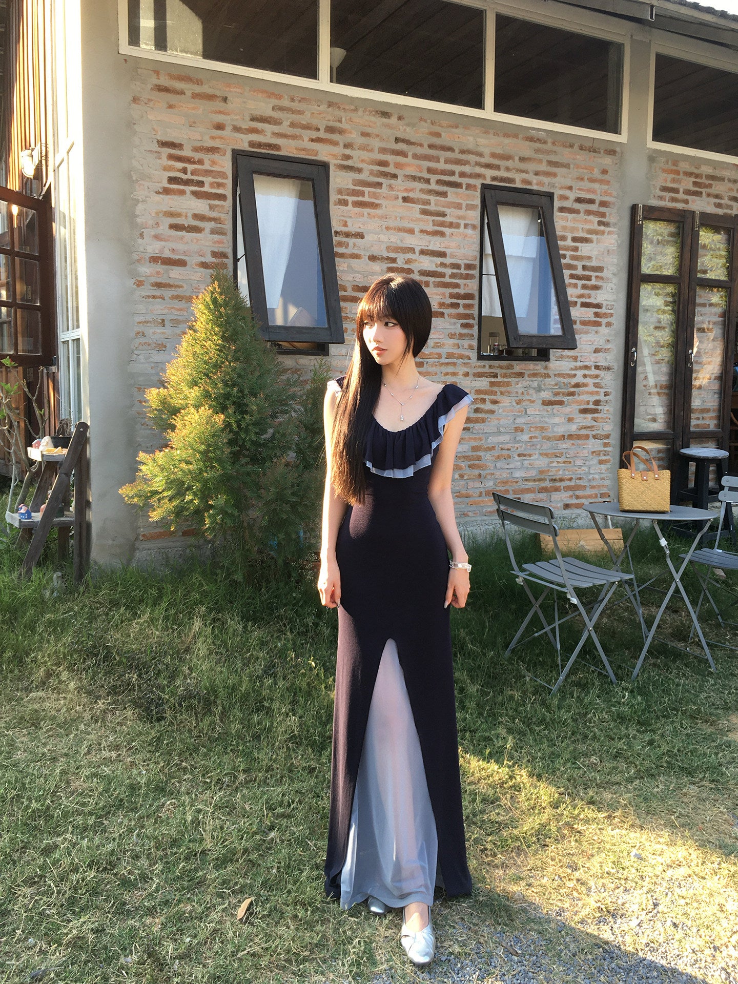 Blue waist-cinching slit maxi dress
