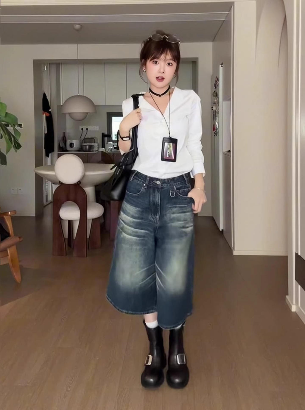 Women's 3/4 Length Wide-Leg Denim Shorts