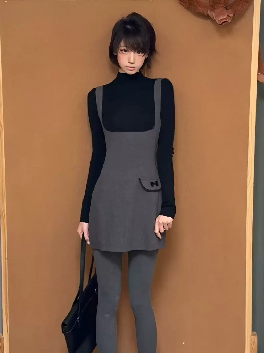 Grey Slip Dress Layered with a Black Turtleneck