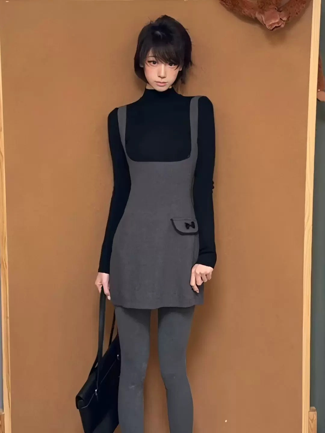 Grey Slip Dress Layered with a Black Turtleneck