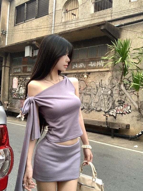 Off-Shoulder Top & Purple Mini Skirt Set