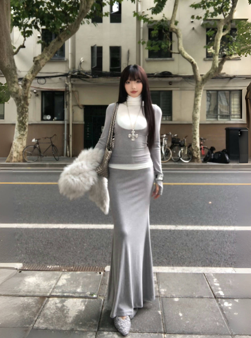 Grey Long-Sleeve Top and Fishtail Skirt Two-Piece Set