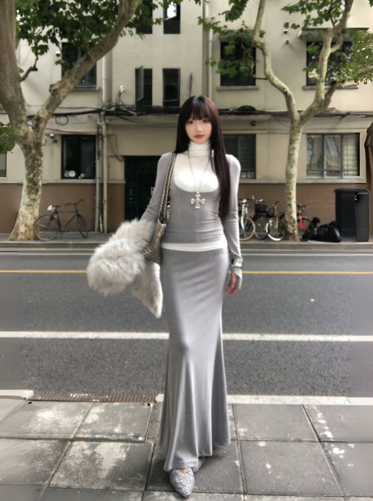 Grey Long-Sleeve Top and Fishtail Skirt Two-Piece Set