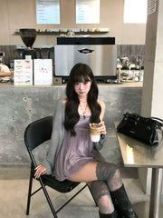 Purple Mesh Cami Dress & Grey Cardigan 2-Piece Set