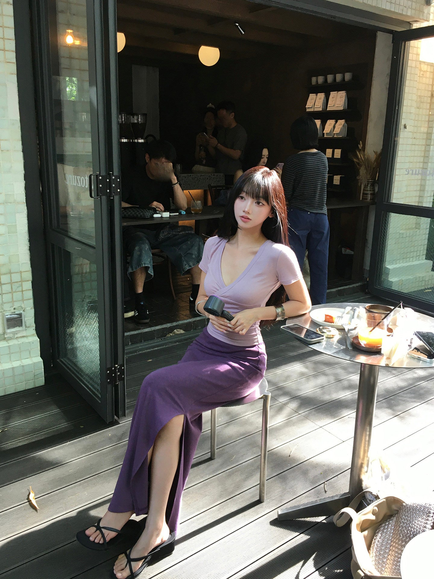 Purple V-neck short-sleeve top