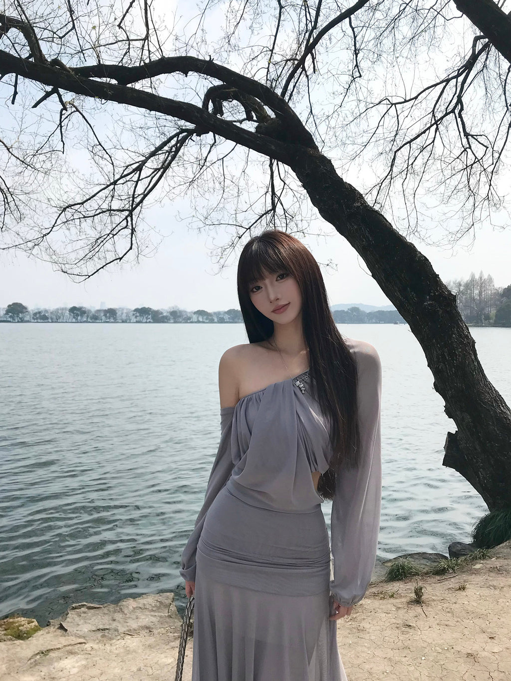 Grey Mesh Top and Skirt Set Women's Two-Piece Outfit