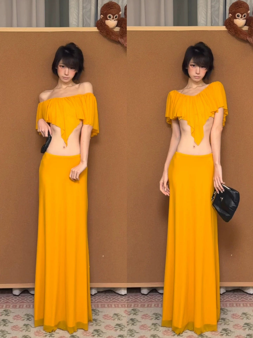 Yellow Asymmetric Top & Bodycon Maxi Skirt Set