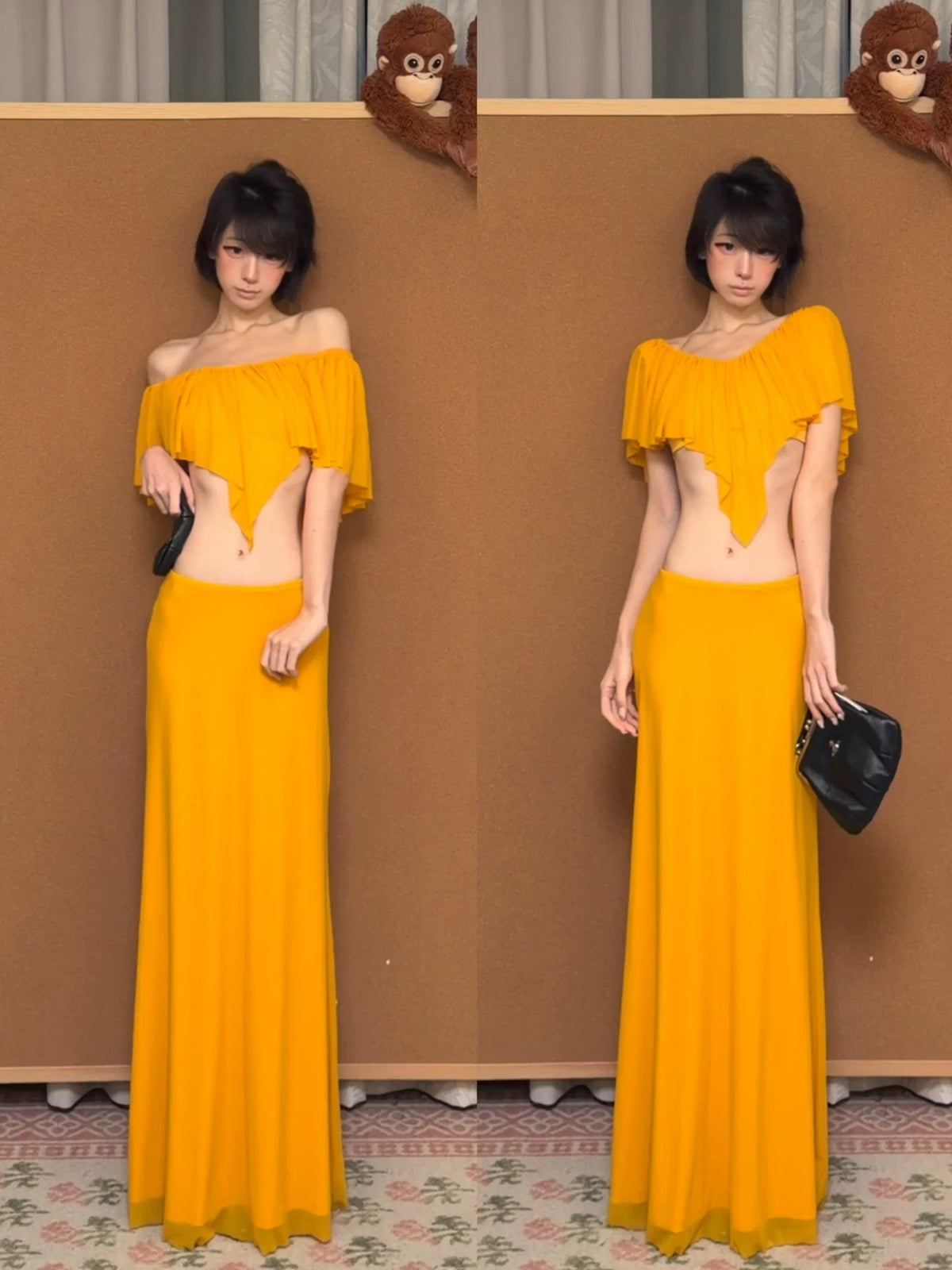 Yellow Asymmetric Top & Bodycon Maxi Skirt Set