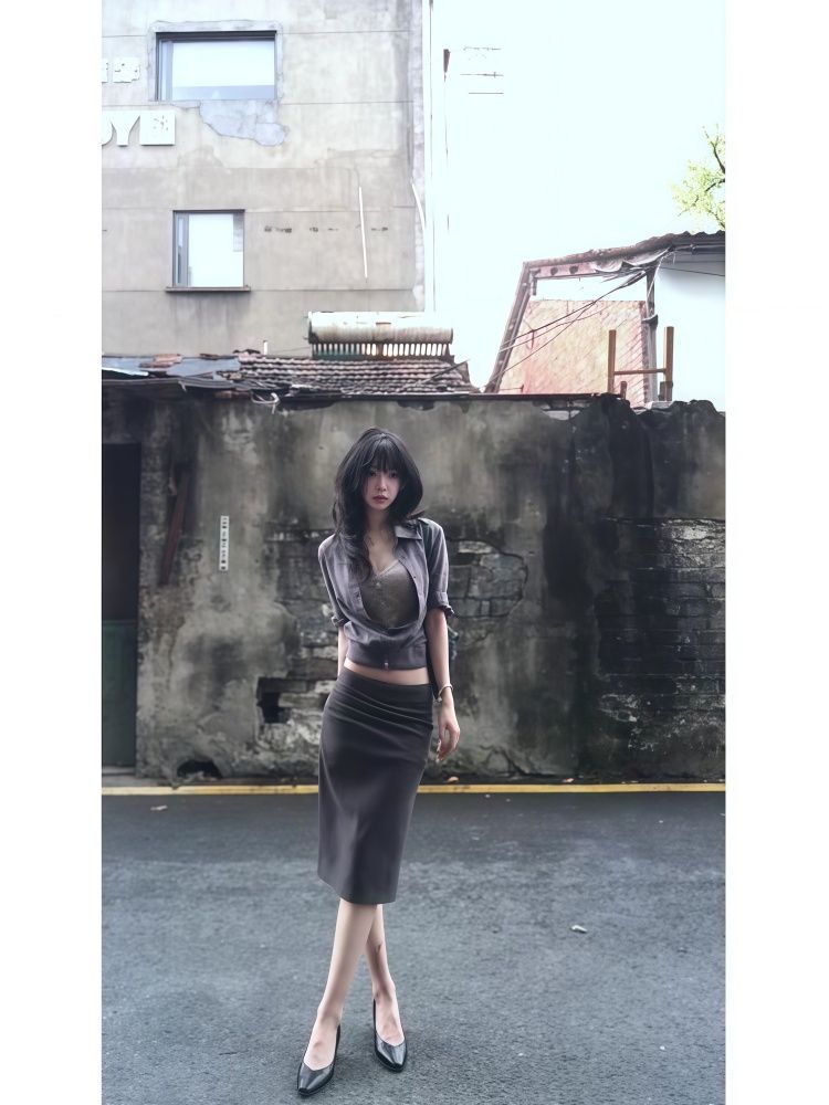 Premium Grey Mid-Sleeve Cropped Shirt + Lace Camisole + Shirt Midi Skirt