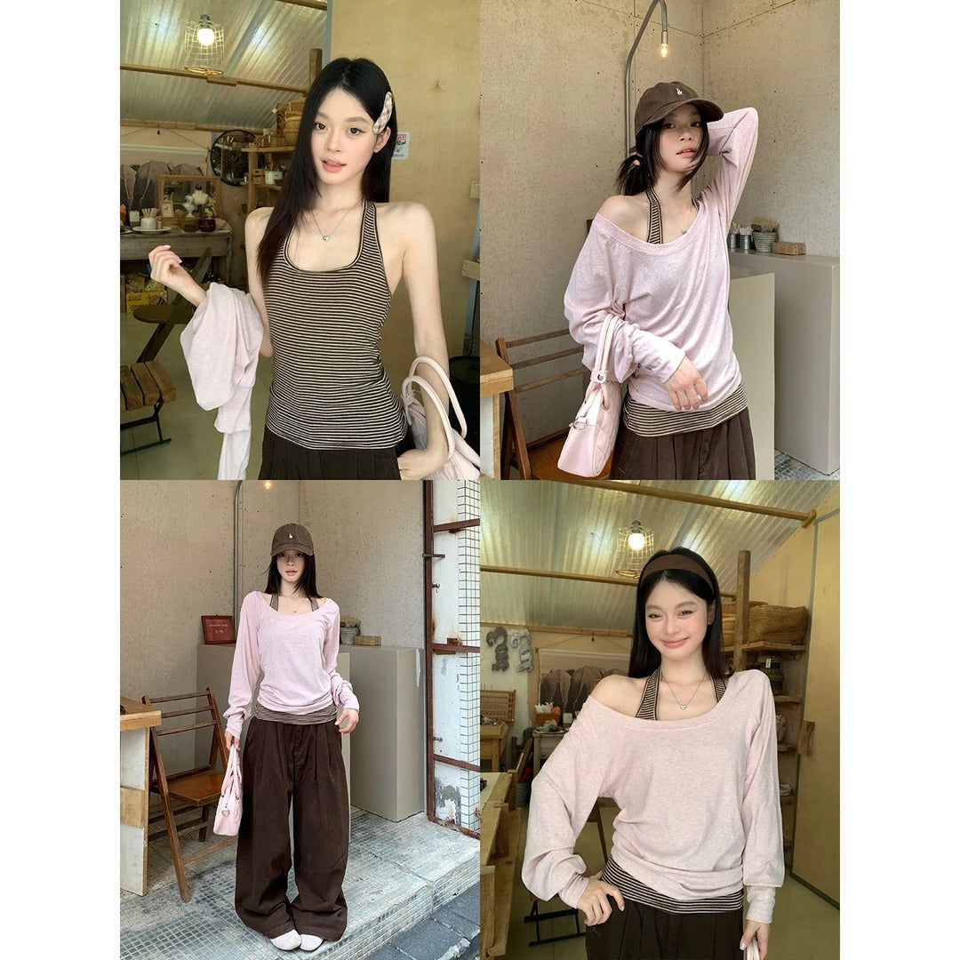 Pink Off-Shoulder Blouse Long Sleeve T-Shirt + Vest Two-Piece Set for Women