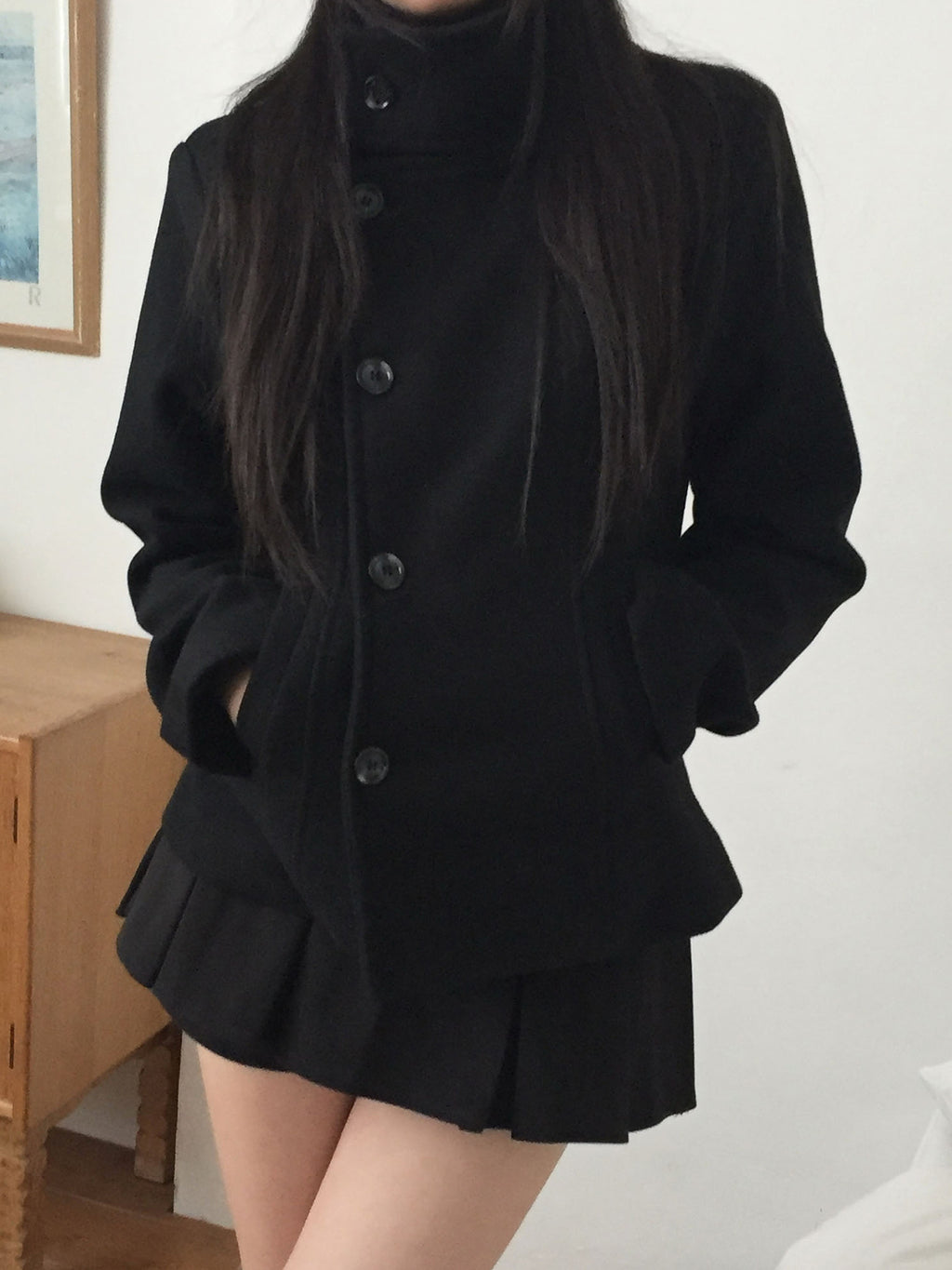 Stand-Collar Wool-Blend Coat & Skirt Set with Detachable Belt