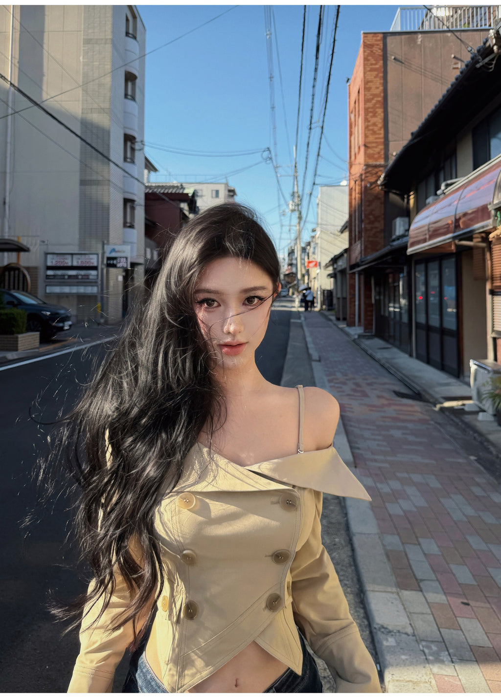 Cropped Double-Breasted Jacket & Straight Skirt Set with Wide Belt