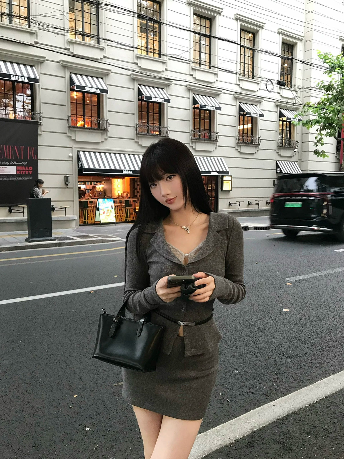 Lace Top & Grey Bodycon Skirt Two-Piece Set