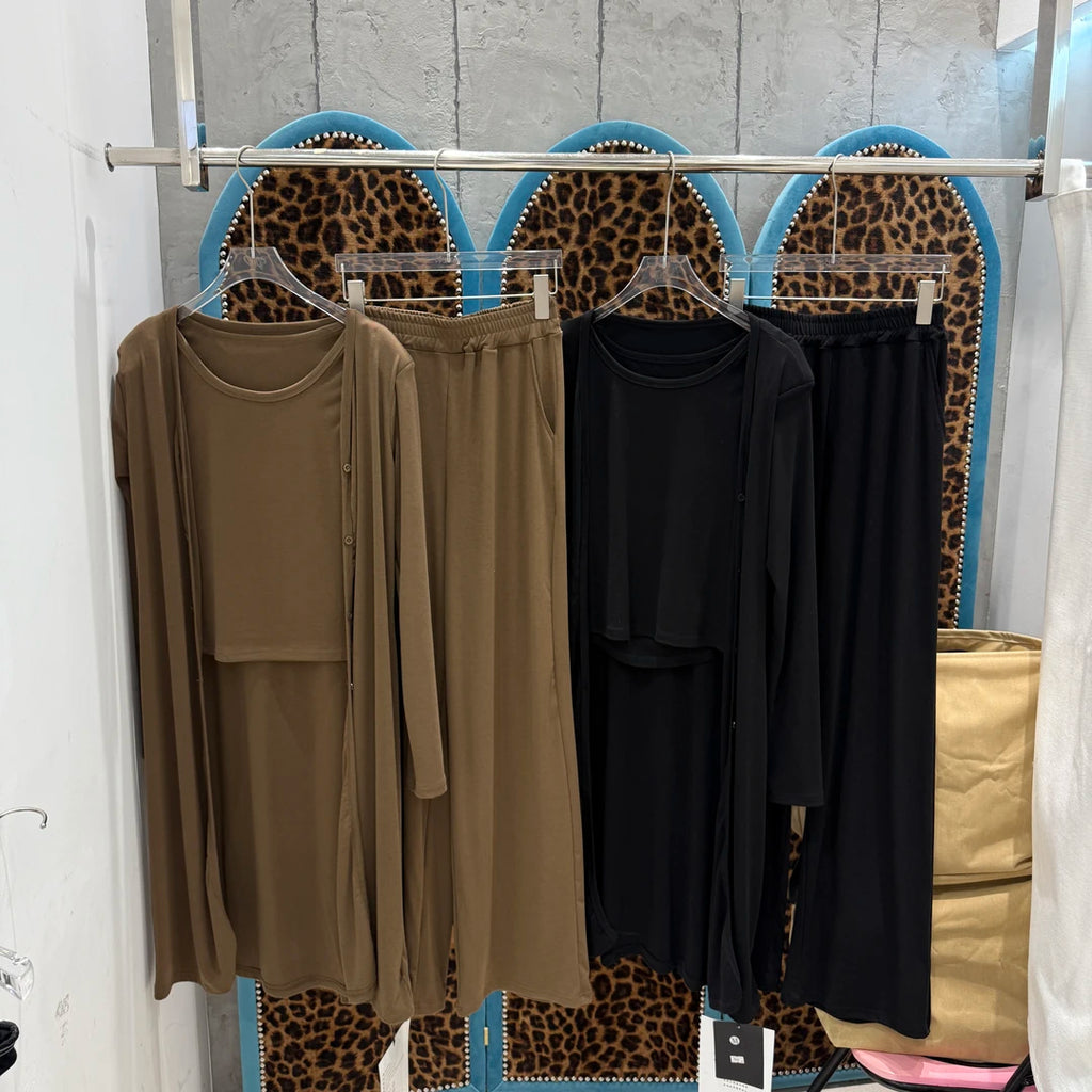 Women's Minimalist Solid Three-Piece Set with Longline Cardigan, Tank Top & Straight-Leg Pants