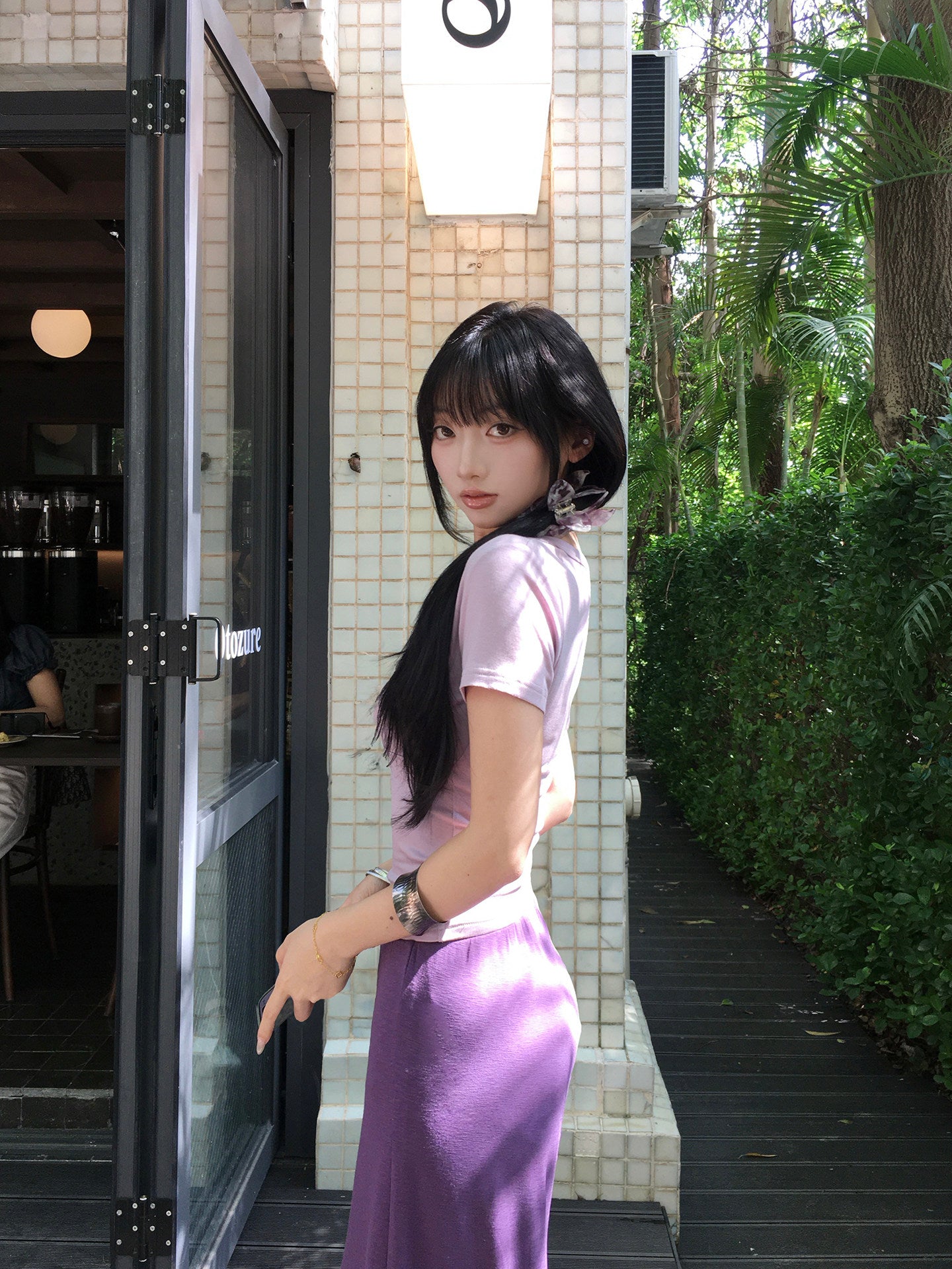 Purple V-neck short-sleeve top