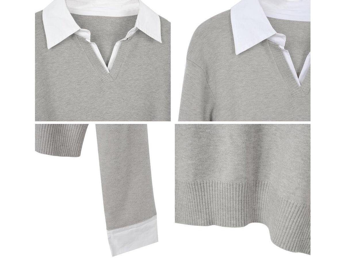 Korean-Style Mock Two-Piece Collared Knit Top for Women