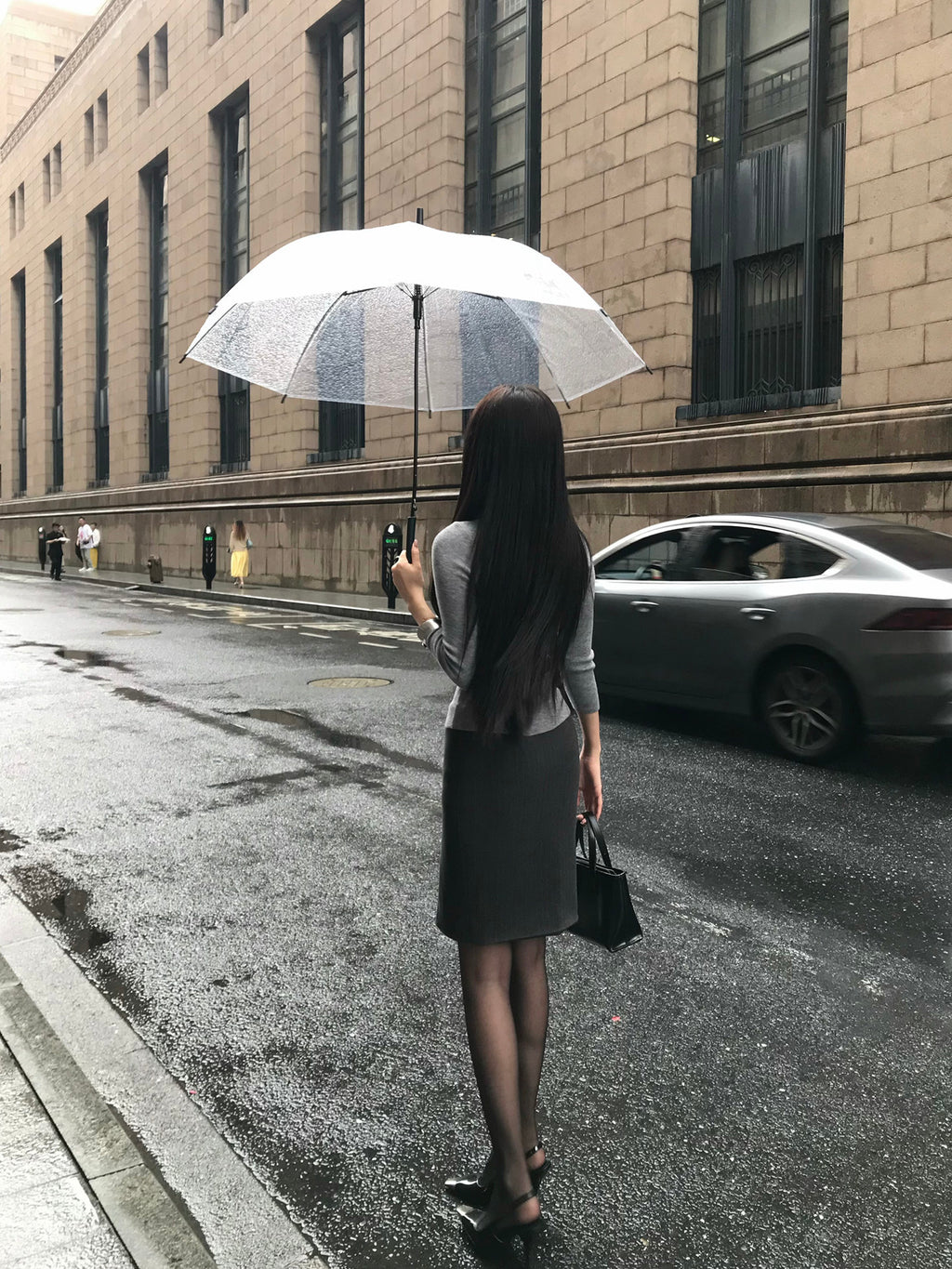 Grey Long Sleeve Sweater + Dark Grey Slit Midi Skirt