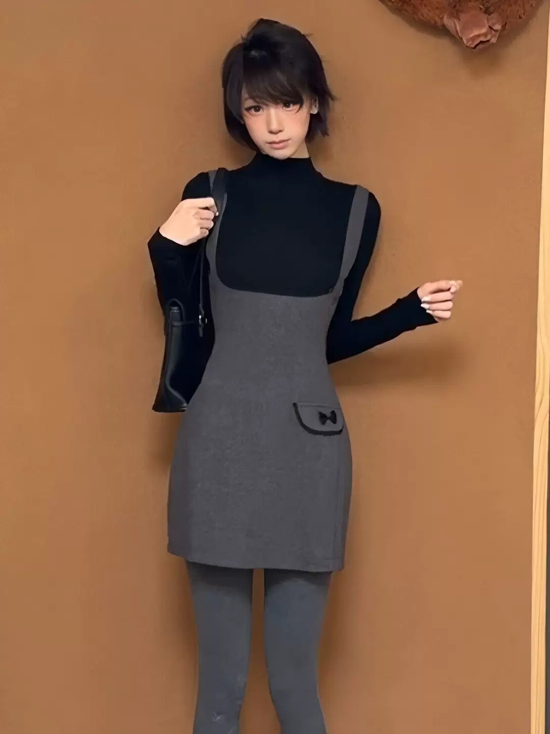 Grey Slip Dress Layered with a Black Turtleneck