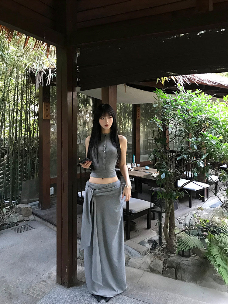 Grey tank top and long bodycon skirt co-ord set