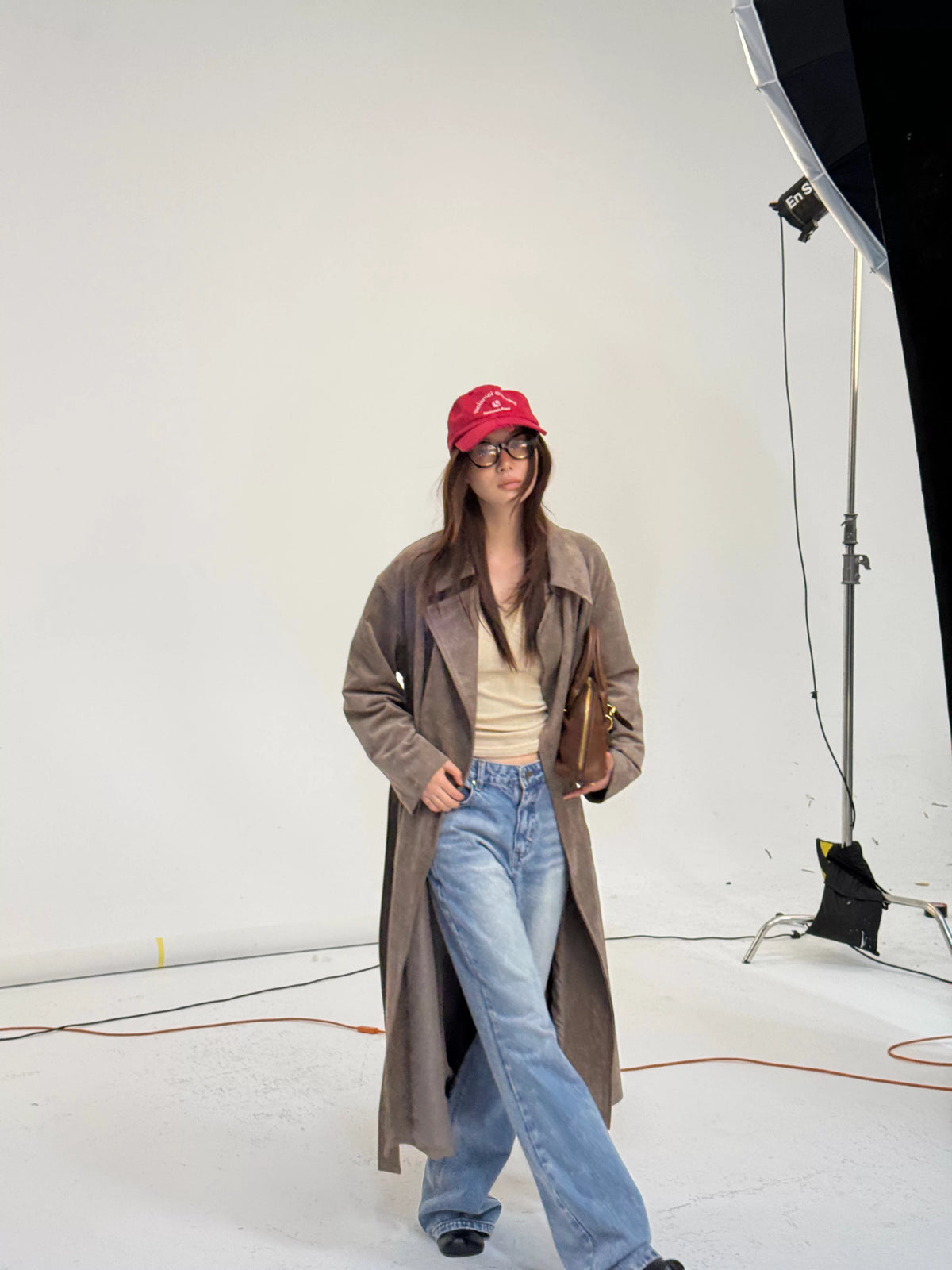 Suede-Effect Belted Double-Breasted Long Trench Coat