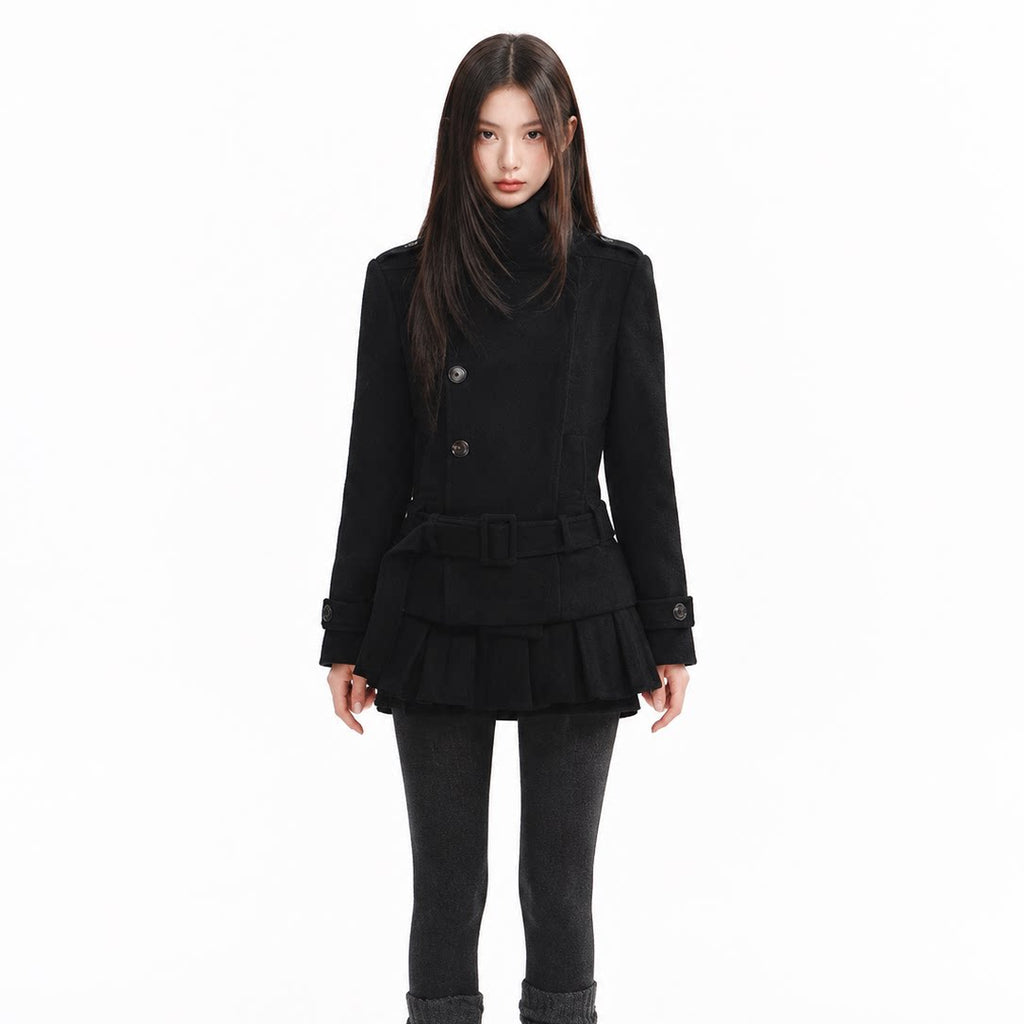Stand-Collar Wool-Blend Coat & Skirt Set with Detachable Belt