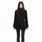 Stand-Collar Wool-Blend Coat & Skirt Set with Detachable Belt