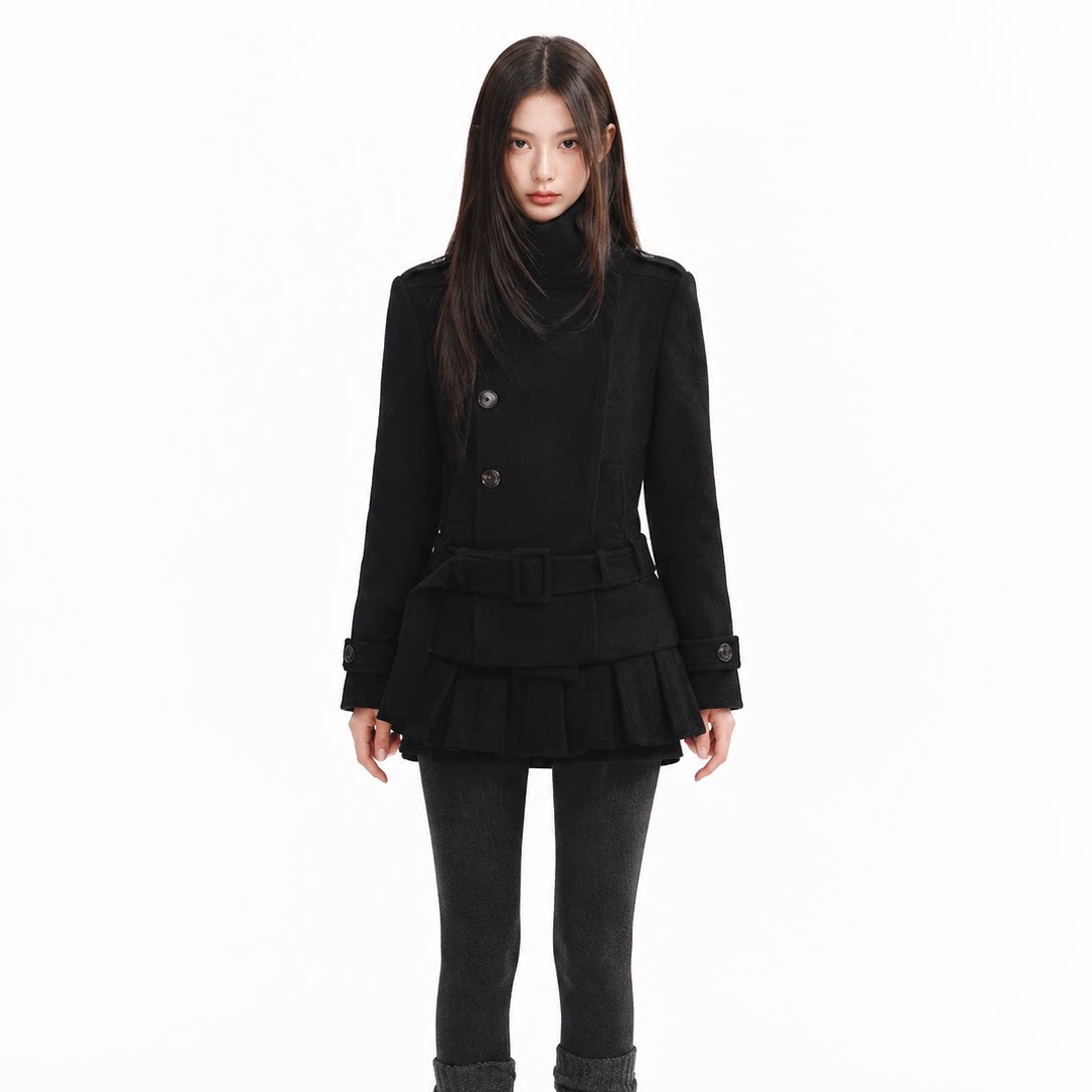 Stand-Collar Wool-Blend Coat & Skirt Set with Detachable Belt