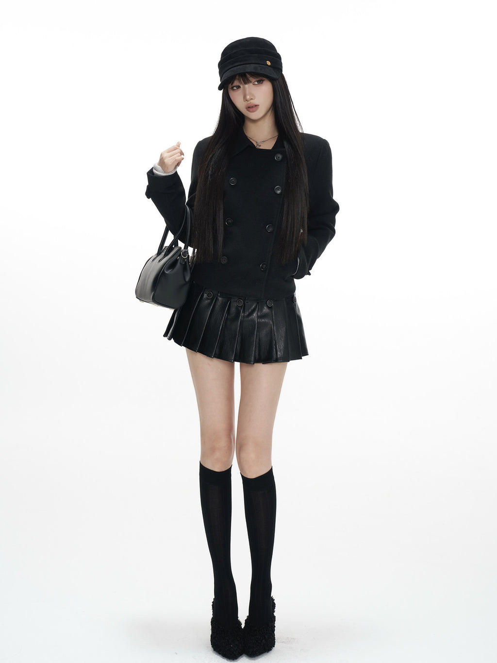 Square Shoulder Black Wool Blend Coat