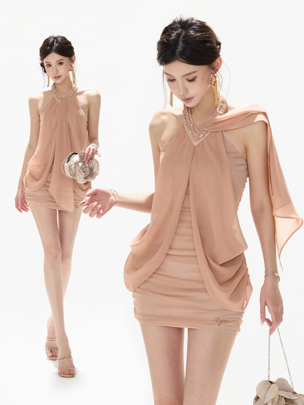 Mesh Chiffon Halter Neck Dress