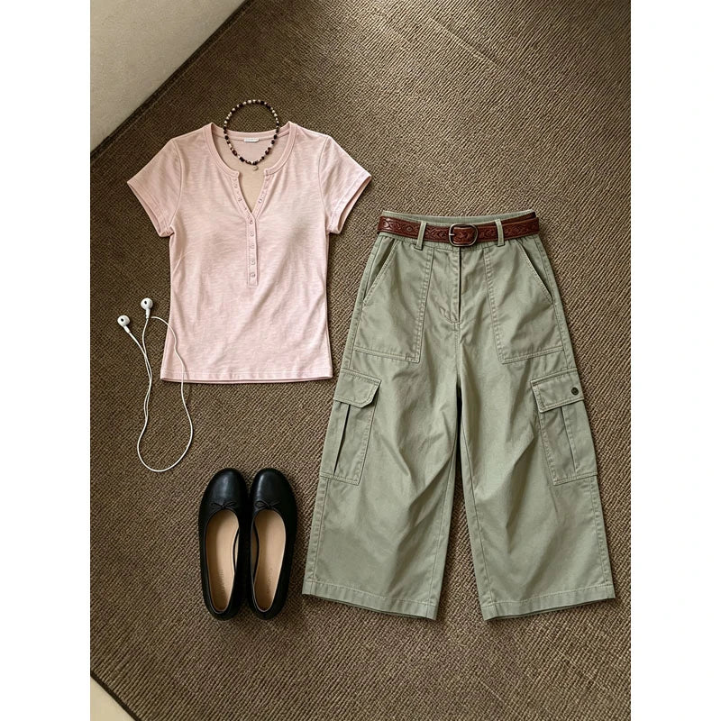 V-Neck Knit Top & High-Waist Wide-Leg Pants Set