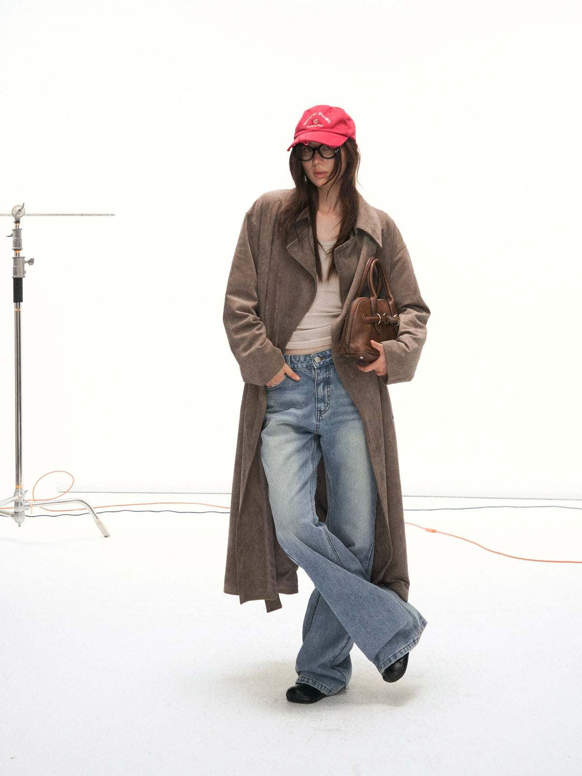 Suede-Effect Belted Double-Breasted Long Trench Coat