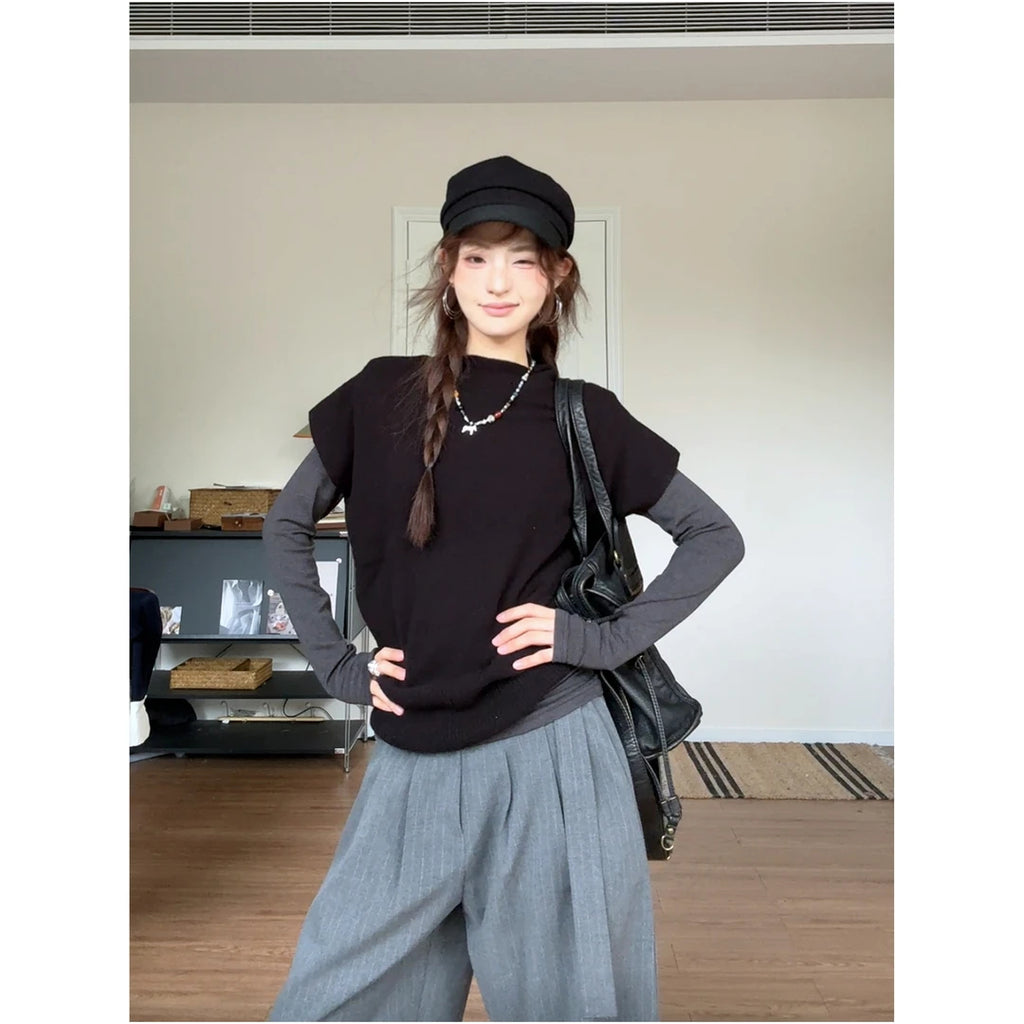 Oversized Long Sleeve Top & Knit Layer 2-Piece Set