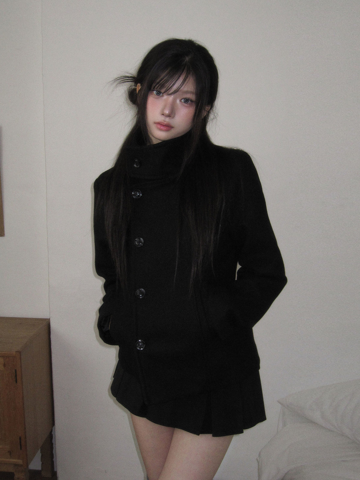 Stand-Collar Wool-Blend Coat & Skirt Set with Detachable Belt