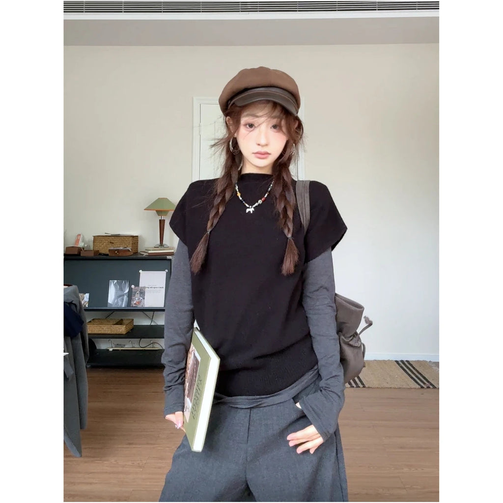 Oversized Long Sleeve Top & Knit Layer 2-Piece Set